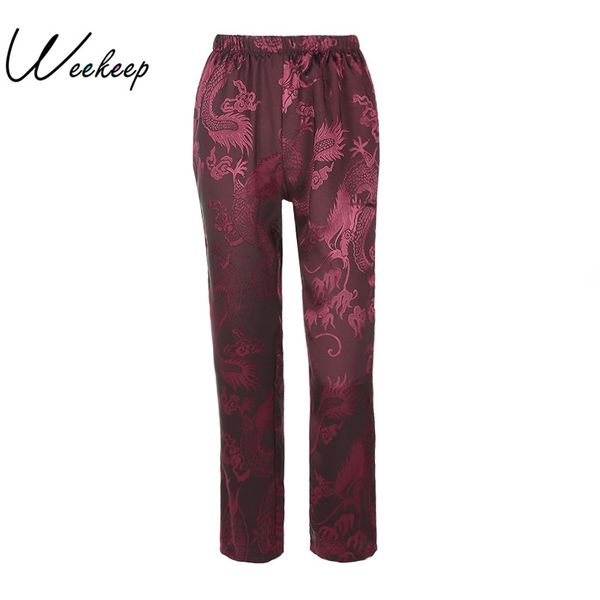 

weekeep 2017 women dragon print chinese style retro loose pants autumn winter fashion pantalon femme straight trousers bottom, Black;white