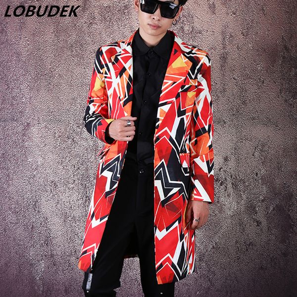 

men's suits & blazers male singer fashion korean style colored graffiti blazer geometric pattern long coat streetwear hip hop stage cos, White;black