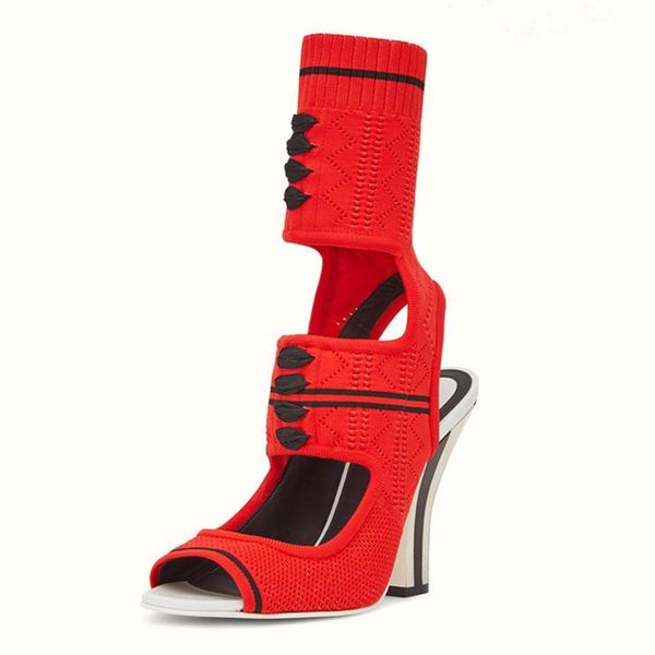 

2019 chic design knit ankle boots women peep toe embroidery strange high heel boots women cut out stretch sock boots, Black