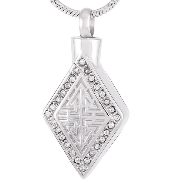 

z218 silver color inlay crystal rhombus stainless steel memorial urn necklace to hold ashes engraving cremation keepsake jewelry