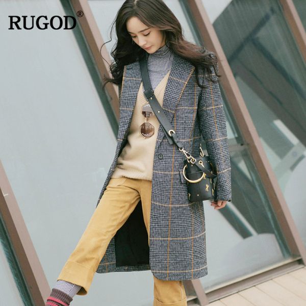 

rugod 2018 autumn winter wool coat women fashion vintage plaid woolen coat with pockets thick jacket pakas beasaco feminino, Black