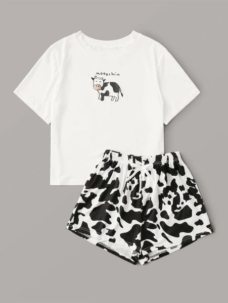 

cotton pajama set female cow print pijamas mujer short sleeve t-shirt and shorts ladies' pyjamas summer sleepwear home clothes, Black;red
