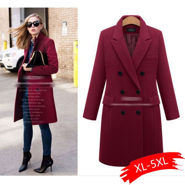 

autumn winter coat women 2019 casual wool solid jackets blazers female elegant double breasted long coat ladies plus size 5xl, Black
