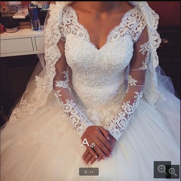 

vestido de noiva бальное платье 2019 с длинным рукавом свадебное платье кружевные аппликации из бисера блестками v декольте скромные свадебн, White