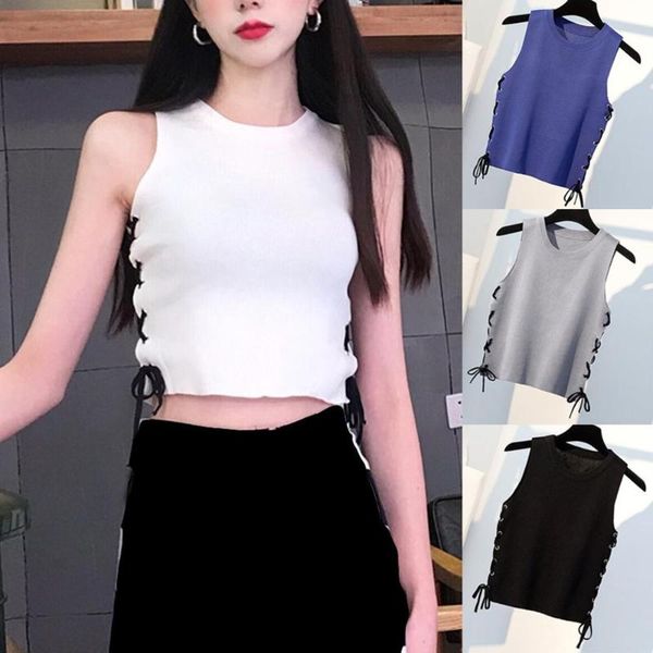 

women's tanks & camis sleeveless tank women summer fitness vest solid stretch side drawstring bondage slim short cropped clothing, White