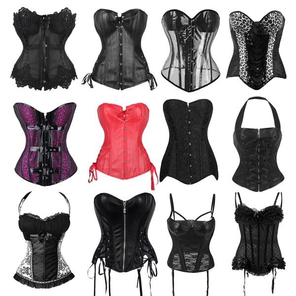 

x women steampunk clothing gothic plus size corsets lace up boned overbust bustier waist cincher body shaper corselet s-2xl, Black;white