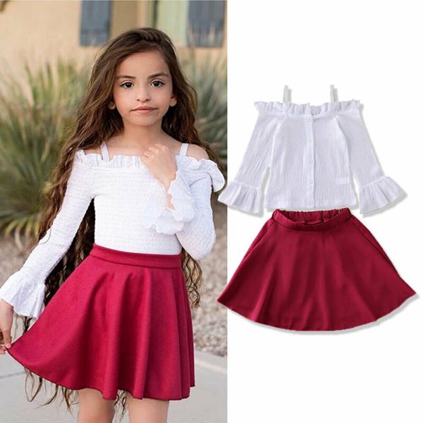 

девочки одежды наборов 2019 лето хлопок дети наборы малыши дети детская flared рукав + рюши юбка 2pcs костюмов, White
