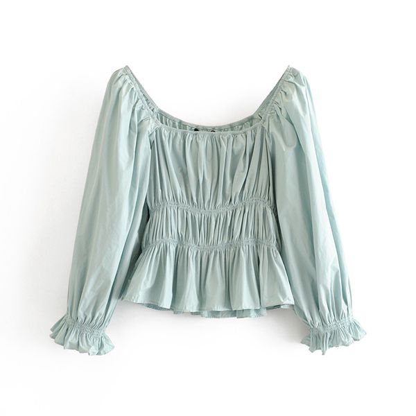 

women pleated blouse casual petal long sleeve fashion solid retro stretch square collar vintage shirt blusas femininas, White