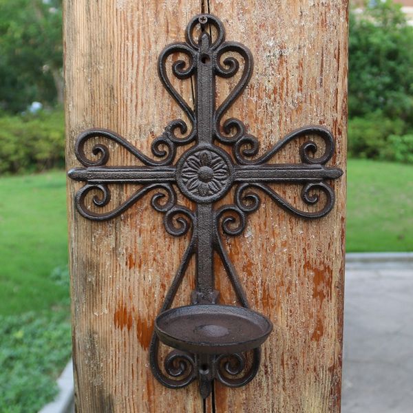 

2 pieces vintage faith cast iron wall cross candle holder sconces candlestick home decoration garden party supplies retro ornament antique