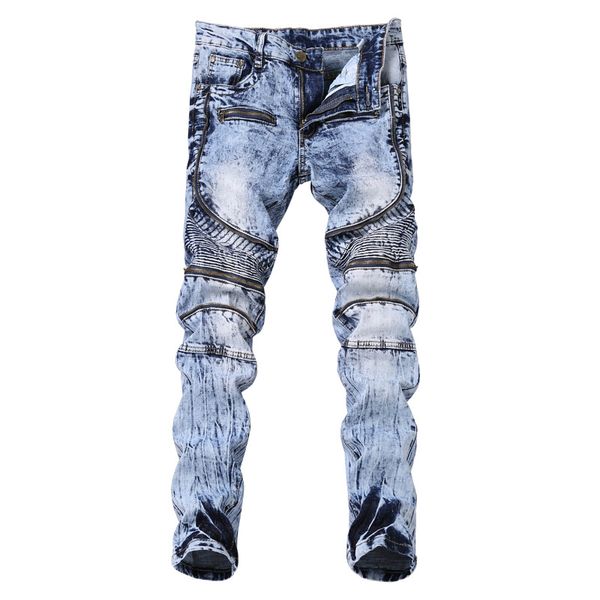 

men's ripped jeans knee holes skinny slim fit denim pants 2019 spring summer destroyed frayed fashion pleated jean, Blue
