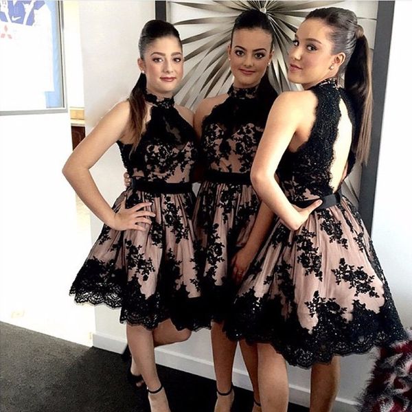 

elegant black short bridesmaids dresses with full lace appliques blush pink inside maid of honor gowns girls special occasion party dress, White;pink