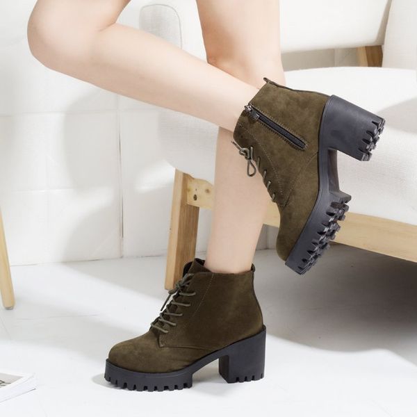 

casual autumn women high heels dress ankle boots women flock round toe lace-up winter snow boots shoes woman mujer, Black