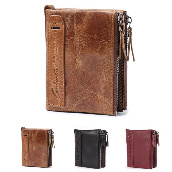 

mens luxury soft leather rfid blocking card wallet zip cash coin pocket, Red;black
