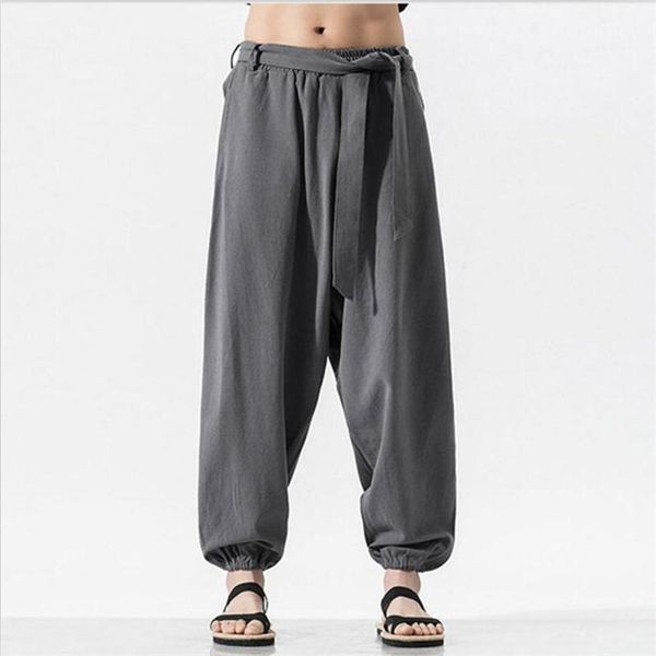 

cotton linen men long pants casual loose solid wide leg pants 9 color straps with pockets large size 6xl 7xl, Black