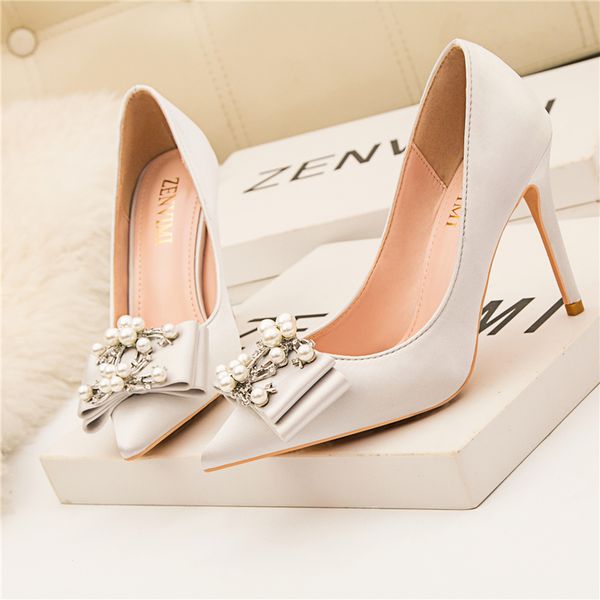 

2019 women fetish 10cm high heels female bridal stiletto heels pumps lady red scarpins gold silver elegant pearl bow party shoes, Black