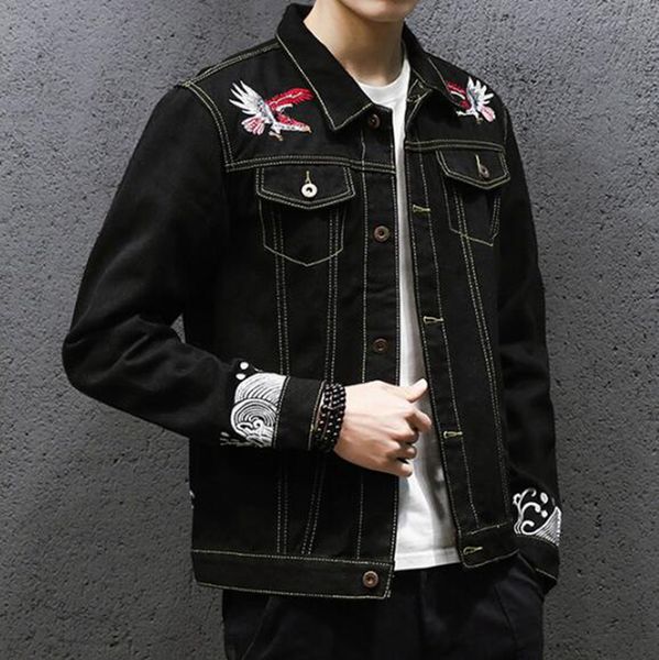 

men's korean version of boutique special personality fashion casual print slim handsome embroidery trend denim jacket in spring autumn, Black;brown