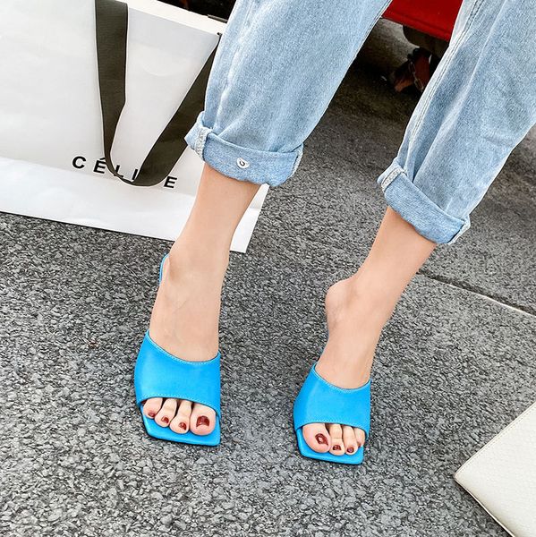 

2020 new summer women's mules slippers elegant square toe high heels slippers ladies slides shoes femme zapatos mujer, Black