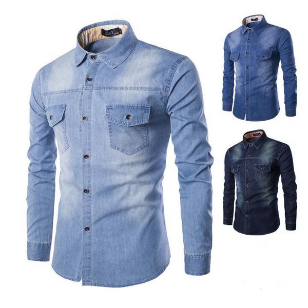 

fashion mens denim shirt long sleeve cotton jeans cardigan casual slim fit shirts men two-pocket denim clothing plus size -6xl, White;black