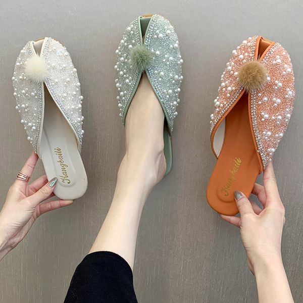 

плоские обувь женский женщин тапочки открытый слайды pantofle обложка toe строка из бисера soft 2020 ткань резина pu, Black