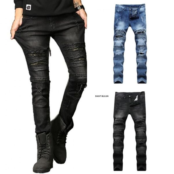 

2018 fashion hip hop patch men retro jeans knee rap hole zipped biker jeans men loose slim destroyed torn ripped denim man, Blue