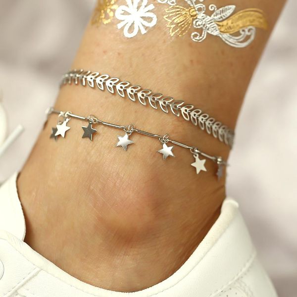 

new foot chain anklets creative leaves star pendant footchain bohemian beach layered silver anklet bracelet for women jewelry, Red;blue