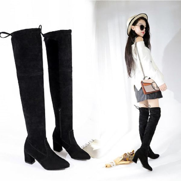 

2019 winter new ladies fashion boots, versatile comfort, plus velvet over the knee, with a thick heel and women's boots, Black