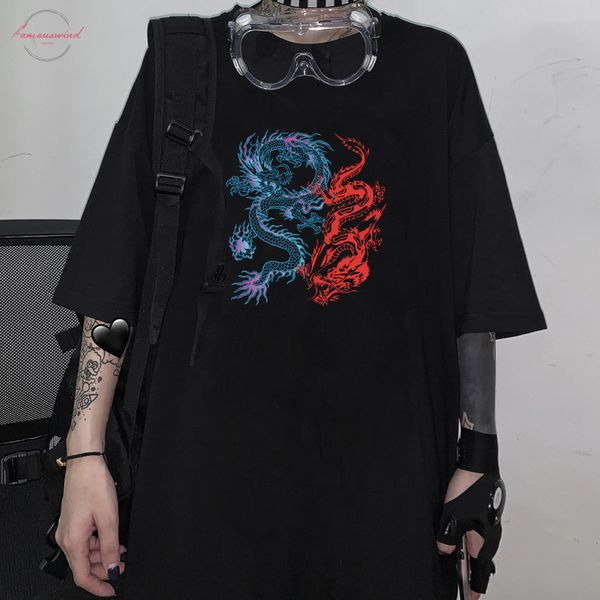 

new latest dragon pattern female t shirt o neck thirst printing casual short sleeved street t shirt harajuku clothing, White