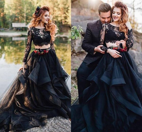 

2022 black wedding dress two pieces ruffles skirt bateau long sleeves a line beach country wedding gowns bridal dresses custom-made, White