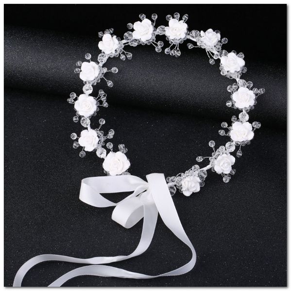 Coroa de flores de casamento de cristal branco para meninas arcos de fita estéreo coroa de flores princesa grinalda festa dia das crianças acessório de cabelo