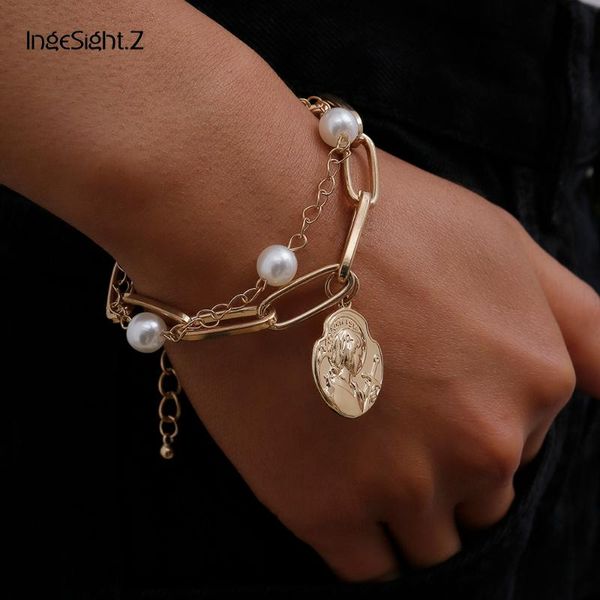 

ingesight.z bohemian imitation pearl bracelets bangles charm portrait carved coin pendant bracelet wrist chain for women jewelry, Golden;silver