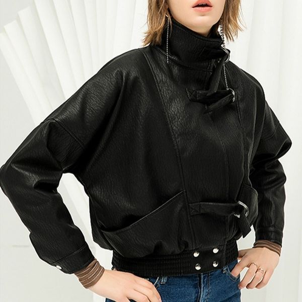 

women turn-down batwing sleeve pu leather jacket rivet casual loose faux leather coat pockets spliced moto jacket, Black