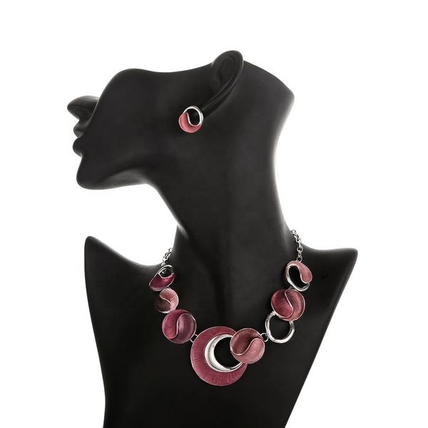 

jewelry set red enamel chocker chain set charm girls party jewelry set new design geometric stud earrings necklaces women, Silver
