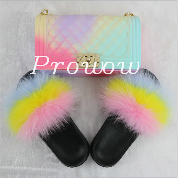 

sweet women fur slippers set-handbag furry real fur slides shoes rainbow colorful jelly shoulder bag candy crossbody purse, Black
