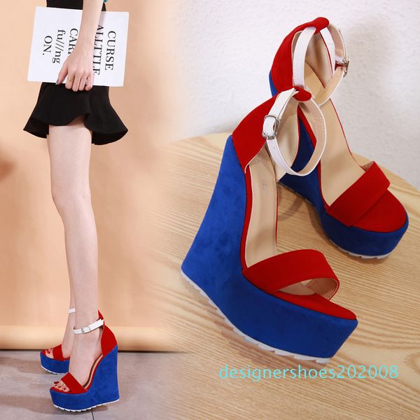 

chic blue red mix color platform wedge high heels luxury women designer sandals size 35 to 40 d08, Black