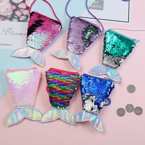 Novo Estilo Meninas Amor Lantejoulas Sereia Coin Purse Com Cordão Forma de Peixe Bonito Cauda Coin Pouch Bag Pequeno Portátil Glittler Carteira