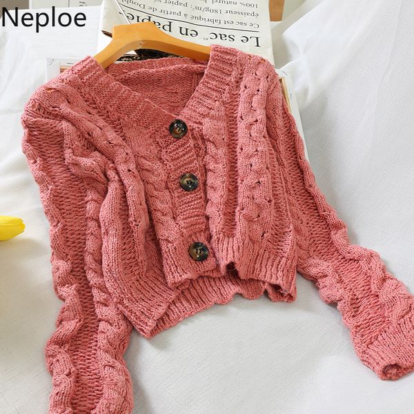 

neploe japanese style hollow twist sweater v neck high waist knit cardigans short sweet hollow out button pull femme hiver 45994, White
