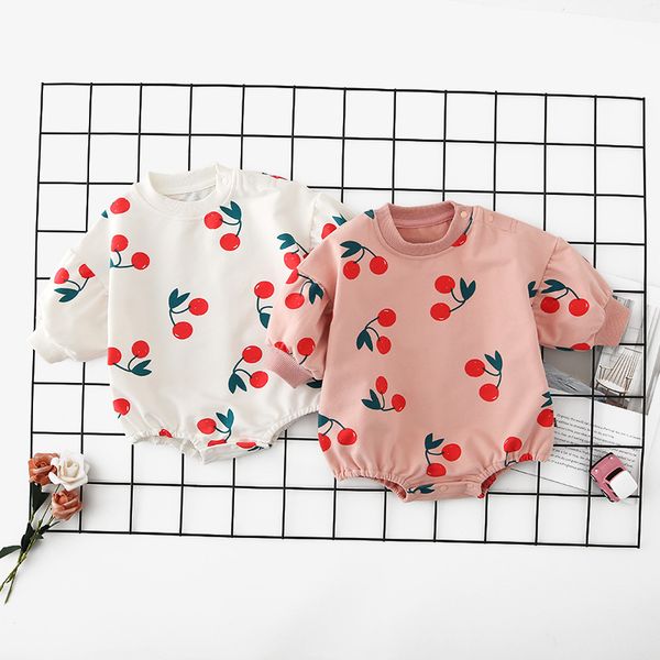 

High Quality baby kids designer clothes Romper Long Sleeve Full Cherry O-neck Romper Clothes 100% cotton girl rompers 0-2T