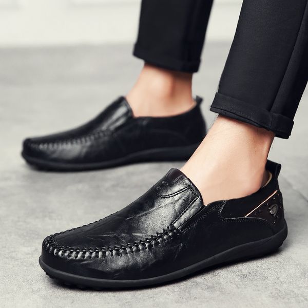 

italian men casual shoes summer genuine leather men loafers moccasins slip on flats breathable male driving shoes xz-137, Black