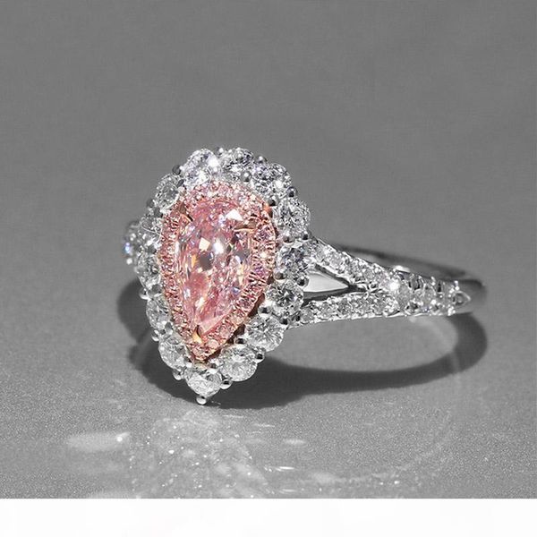 

pink teardrop cz diamond wedding gift ring 925 sterling silver plated drops of water engagement rings retail box set for women, Slivery;golden