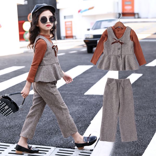 

girls 3-12 years clothing 3 pcs set ( vest + shirt + pants) fashion spring autumn long sleeve children clothes suit, White