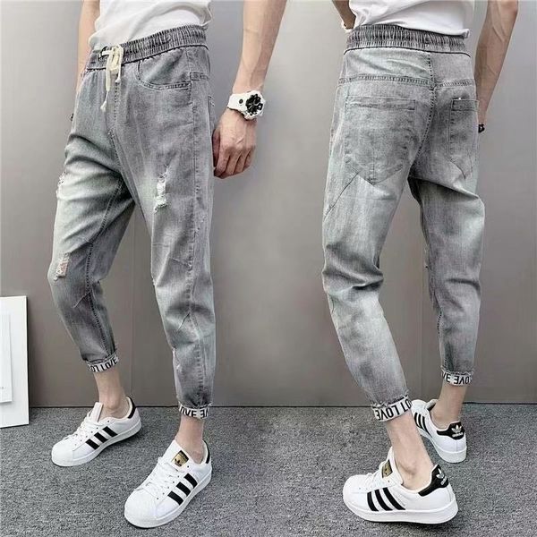 

wholesale 2020 fashion elastic waist washing men's trousers men's cowboy teenagers feet pants jeans social people pants, Blue