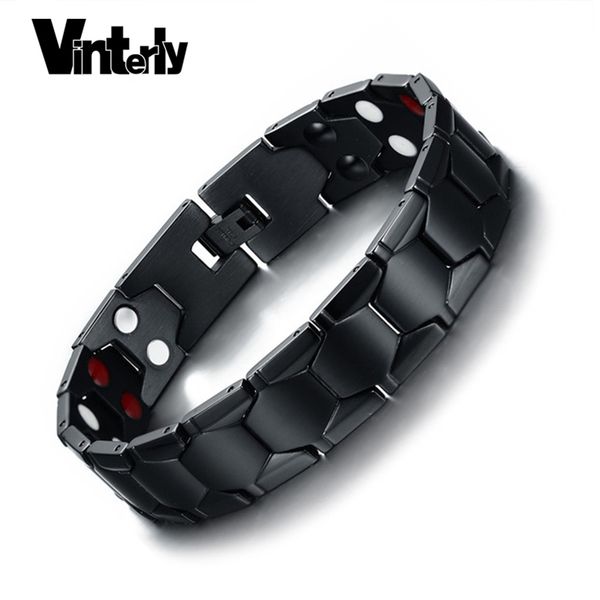 

vinterly black magnetic bracelet for men brazil football style energy stainless steel men bracelet wide charm bracelets men, Golden;silver
