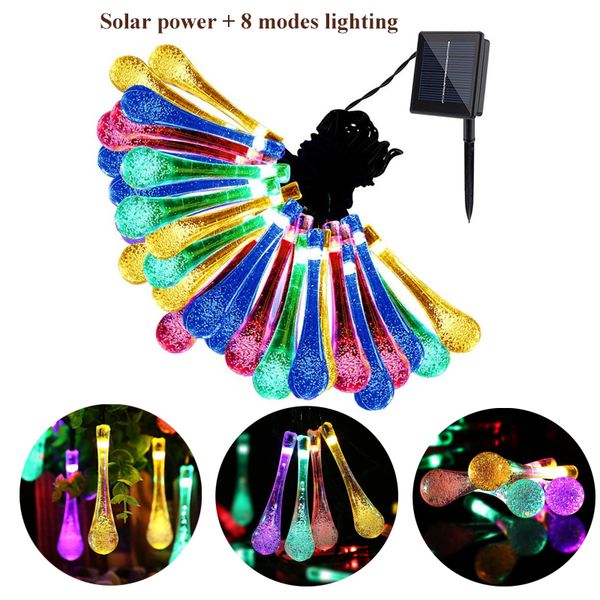 

Solar powered led tring light 30 bulb waterproof water drop chri tma tring camping outdoor lighting garden holiday party 8 mode 6 5m