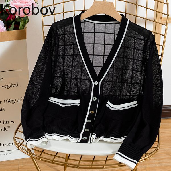 

korobov vintage black white patchwork women knitted sueter mujer sweaters summer thin pockets hollow out jumper femme 78447