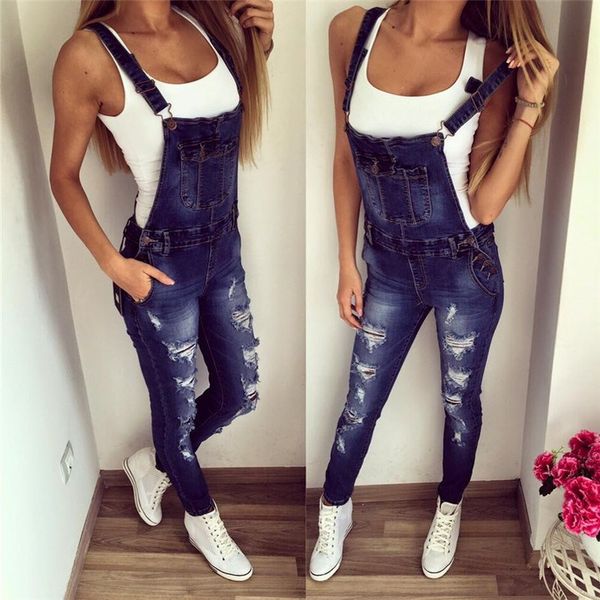 

2018 autumn women plus sizes elastic jeans jumpsuit slim pencil denim trousers female casual overalls, Blue