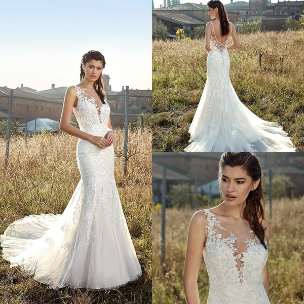 

2019 eddy k mermaid wedding dresses sheer jewel neck lace appliqued backless garden wedding dress plus size vestidos de novia, White