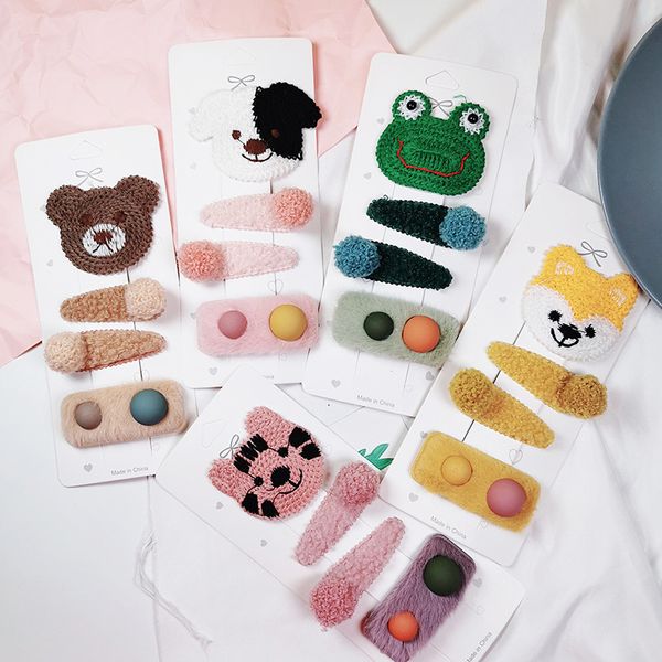 

4 pcs autumn and winter new cute wool weave cartoon animal bb clip sweet girl children fashion plush hairpins hair accessories, Slivery;white
