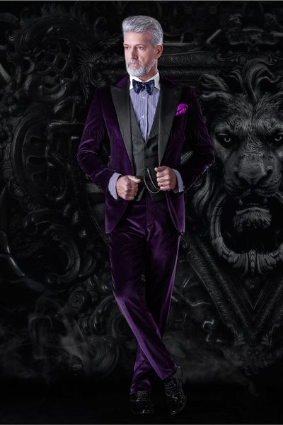 

new one button purple velveteen groomsmen peak lapel groom tuxedos men suits wedding/prom/dinner man blazer(jacket+pants+tie+vest) 434, Black;gray