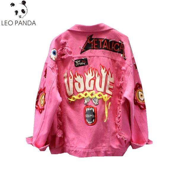 

2019 spring autumn women graffiti alphabet printing lace bow pin hole denim jacket student basic coat red / yellow jeans jacket, Black;brown