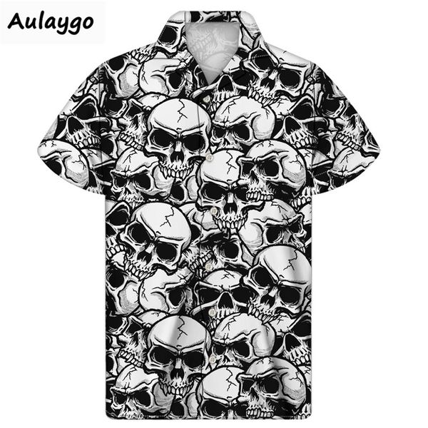 

cuban guayabera shirt skull print beach shirts 2020 summer fashion casual short sleeve button down hawaiian cloth mens plus size, White;black
